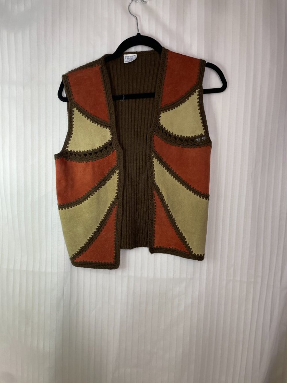 Vintage Genuine Suede Patchwork Sweater Vest Brown Tan Rust Orange Crochet Trim - Picture 2 of 7